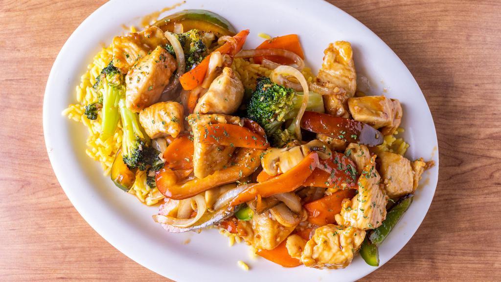 Chicken Teriyaki · Sauteed with assorted vegetables. Served with soup or salad and your choice of potato and vegetable, pasta or rice.