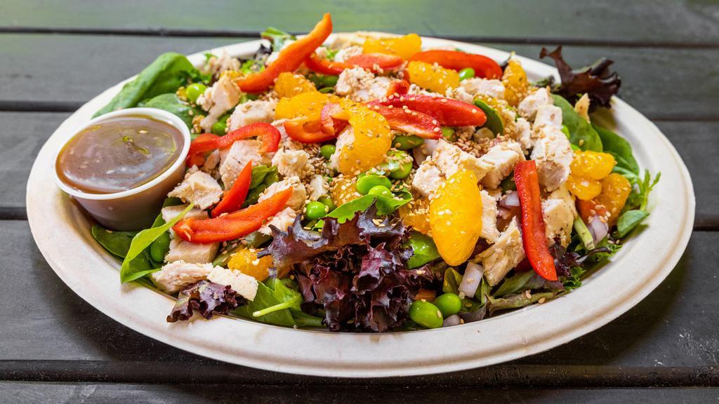 Mandarin Salad · Greens topped with tomatoes, red onion, roasted bell peppers, mandarins, edamame, and sesame seeds. Served with Asian sesame dressing on the side.