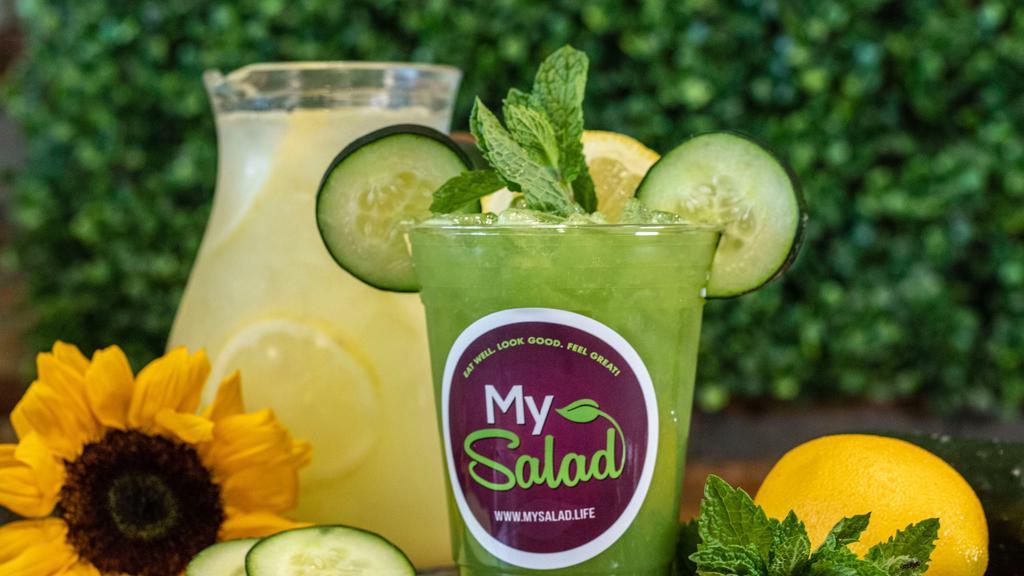 Mint'D Cucumber Lemonade · Quench your taste buds with our new refreshing Mint'd Cucumber Lemonade! Farm Fresh locally sourced Cucumbers, mixed with a hint of sweetness from our lemonade. Garnished with Mint and Lemon.