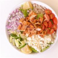 My Big Fat Greek Bowl · Served with cucumbers, feta, grilled chicken, lemon wedges, organic brown rice quinoa, red o...