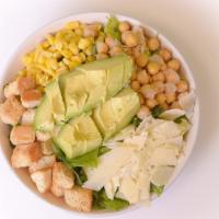 My Garlic Chickpea Caesar Salad · 253 cals. Romaine, baby kale, garlic chickpeas, corn, shaved parmesan, croutons and avocado....