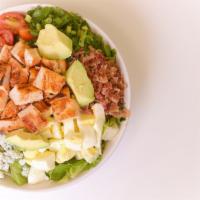 My Cobb Salad · 465 cals. Romaine, grilled chicken, bacon, egg, avocado, grape tomatoes, scallions and gorgo...