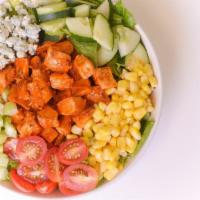 My Blazin' Buffalo Chicken Salad · 270 cals. Romaine, corn, celery, grape tomatoes, cucumbers, gorgonzola and buffalo grilled c...