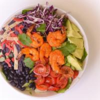 My Shrimp Taco Salad · 230 cals. Romaine, grilled shrimp, grape tomatoes, shredded cabbage, black beans, tortilla s...