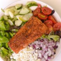 My Salmon Salad · 390 cals. Arcadian mix, salmon, cucumbers, grape tomatoes, red onions, scallions and feta. C...