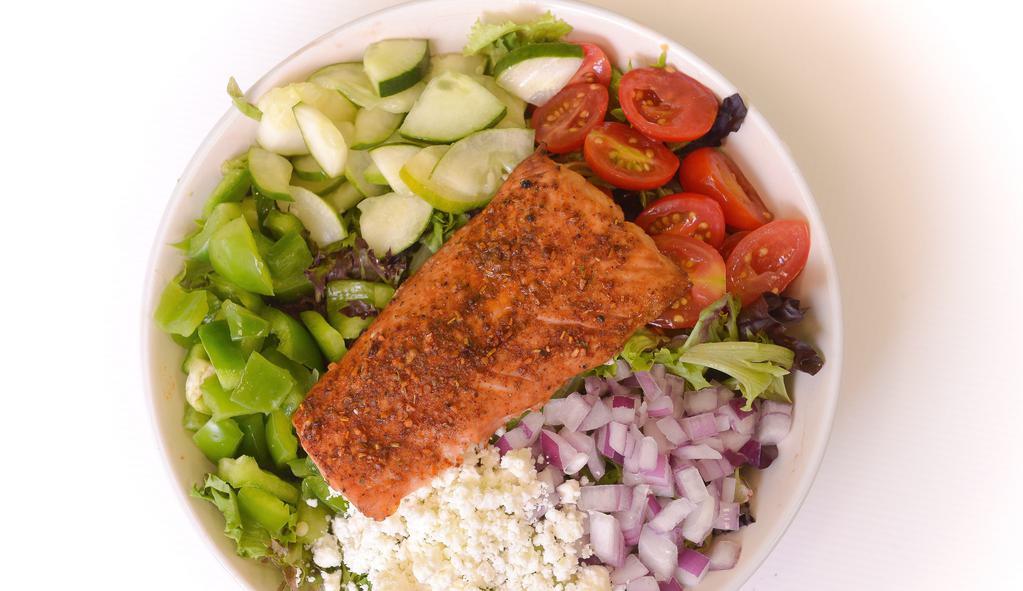 My Salmon Salad · 390 cals. Arcadian mix, salmon, cucumbers, grape tomatoes, red onions, scallions and feta. Chipotle lime vinaigrette.