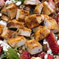 My Strawberry Fields Salad · Served with Feta Cheese, Grilled Chicken, Red Onion, Strawberries, and Walnuts. Served over ...