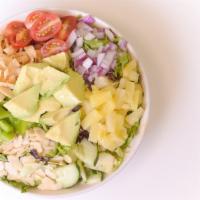 My Pineapple Avocado Salad · 255 cals. Arcadian mix, grape tomatoes, cucumbers, red onions, bell peppers, pineapple, shav...