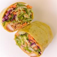 My Orange Sesame Wrap · 760 cals. Romaine, shredded cabbage, shredded carrots, scallions, edamame, chicken cutlet, c...