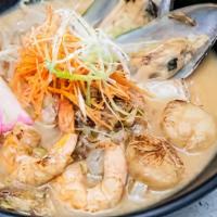 Seafood Ramen · Shrimp, scallop, mussel, fish cake, bean sprout, carrots, scallions, miso soup base (pork so...