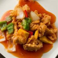 Running Chicken · Deep fried white meat chicken, onion, fresh mango with sweet and mild spicy sauce. Served wi...