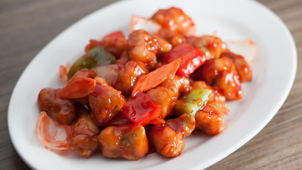 Sweet And Sour Chicken · Served with choice of 2 appetizers and pork fried rice.