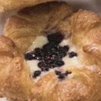 Blueberry Cheese Danish · Sweet puff pastry, flaky dough with a rich cheese and blueberry topping