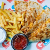 Chicken Quesadillas · Grilled chicken, grilled peppers, grilled onions, Cheddar cheese, mozzarella cheese with sal...