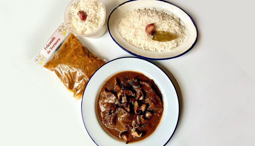 Diy Fricando Kit · Traditonal Catalan beef stew; mushrooms served with garlic sautéed white rice. Reheat and enjoy!