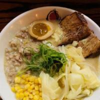 Zurutto Miso · Chicken broth, original miso, chashu pork, ground pork, seasoned boiled egg, cabbage, bean s...