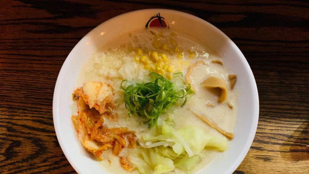 Vegetable Miso Special · Spicy level 1. Original soy milk with miso broth, cabbage, bean spouts, onion ,scallion, kimchi, corn and bamboo shoots.
