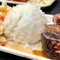 Kingpin(Oy) · 6 oz. of our Filipino pork belly burnt ends served with white rice and mac salad. Sarap!