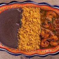 Camarones A La Mexicana · Grilled shrimp marinated pico de Gallo sauce. Accompanied with rice, black beans & 5 homemad...