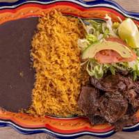 Asada · Your choice of meat cooked on the grill. Accompanied with rice, black beans, fresh salad & 5...