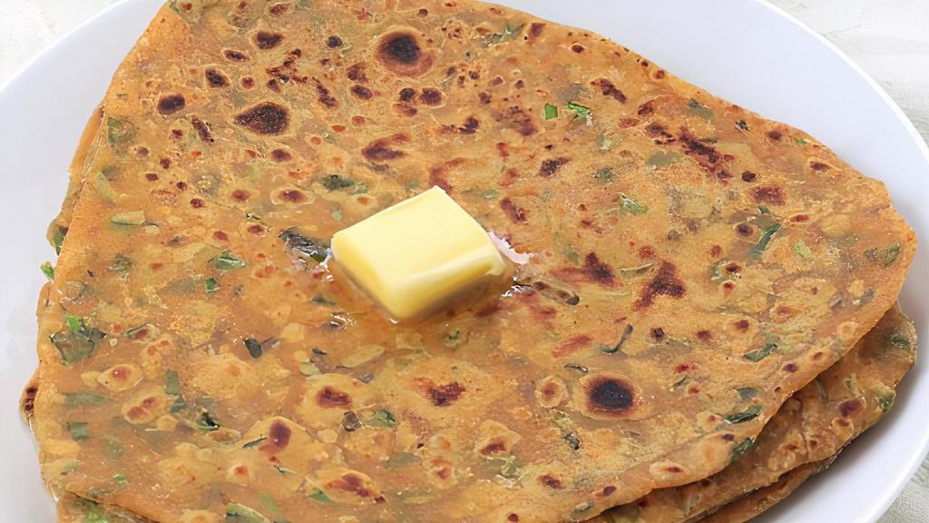 Methi Parantha · Whole wheat flat bread topped with dry fenugreek.