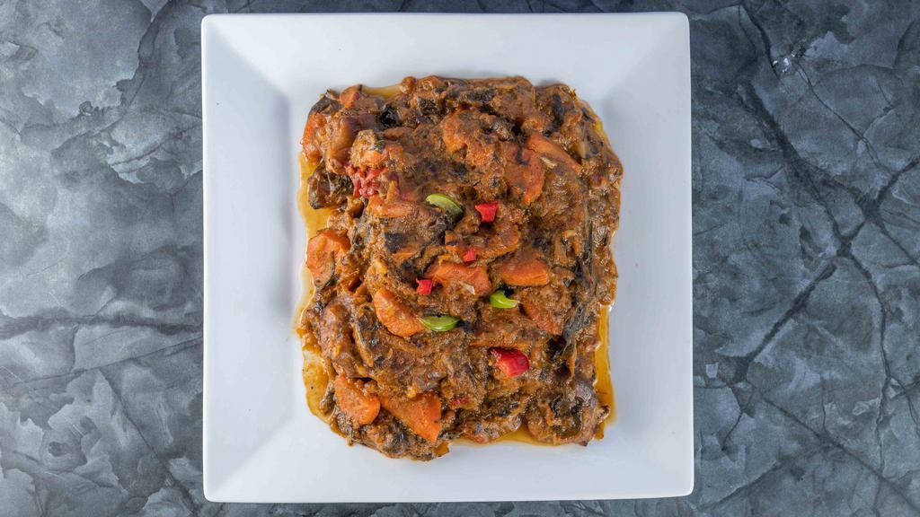 Legumes · Vegetable stew with meat. includes fried plantains and your choice of rice and beans white rice and basmati rice with mixed vegetables.