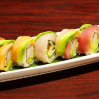 Rainbow Roll · Inside: kani, avocado, cucumber; outside: tuna, salmon, yellow tail, avocado.