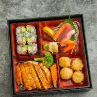 Bentobox · Served w. miso soup or salad, fried shumai, California roll, and choice of 3 piece Sushi or ...