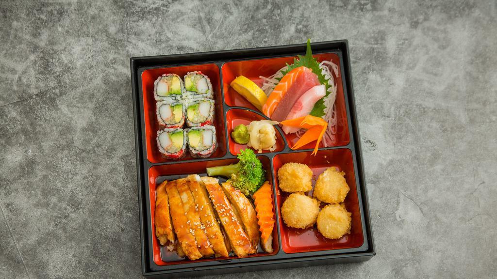 Bentobox · Served w. miso soup or salad, fried shumai, California roll, and choice of 3 piece Sushi or Sashimi .