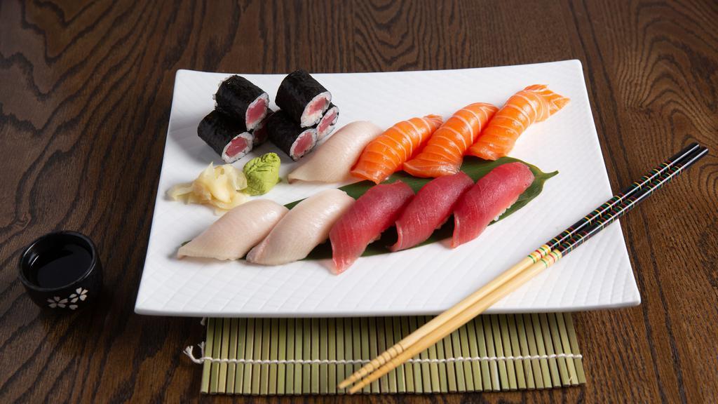 Triple Color Sushi · 3 pcs of tuna, 3 pcs of salmon, 3 pcs of yellow tail. with a choose of salmon tuna or yellowtail roll