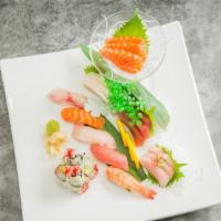Sushi And Sashimi Combo · 6 pieces sushi and 10 pieces sashimi. Served with soup and salad.