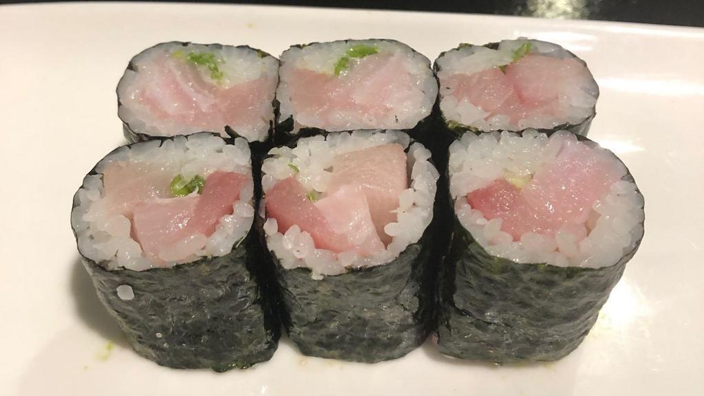 Yellowtail Scallion Roll · Yellowtail With scallion , Wrapped with seaweed outside.