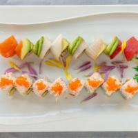 Rainbow Roll · Crab, avocado, cucumber, tuna, yellowtail, salmon and shrimp.