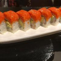 Sapporo Roll · Crab, cucumber and avocado with spicy tuna on top.