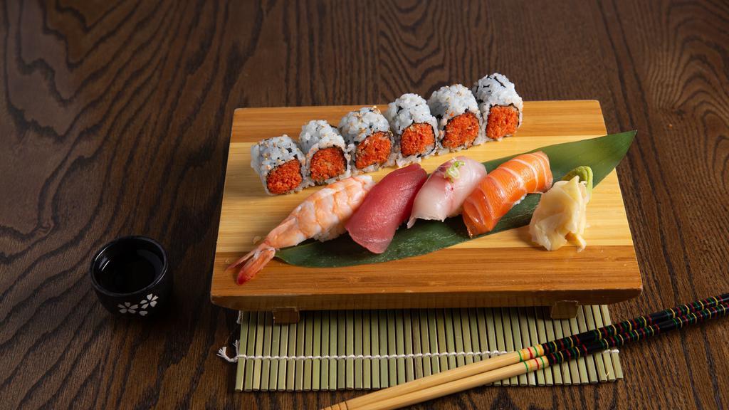 Para'S Sushi Combo C · 1 Pc tuna, 1 pcs salmon, 1 pcs white fish, 1 pcs shirmp. With a Spicy Tuna roll.