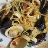 Spaghetti Frutti Di Mare · Pasta with shrimp, mussels, clams, scungilli, and calamari.