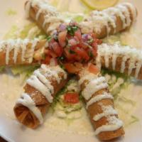 Flautas · 3 Crispy rolled corn tortillas stuffed with your choice of chicken or cheese. This comes ove...