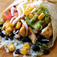 Grilled Chicken Burrito · Flour tortilla with rice, black beans, lettuce, Mozzarella cheese, pico de gallo, guacamole ...