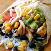 Veggie Burrito · Flour tortilla with roasted peppers, zucchini, onions, rice, black beans, lettuce, Mozzarell...