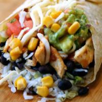 Shrimp Burrito · Flour tortilla with rice, black beans, lettuce, Mozzarella cheese, pico de gallo, guacamole ...