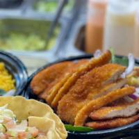 Breaded Chicken Lunch Special · Served with white or yellow rice, black beans, red onions, corn, diced tomato, spinach and s...