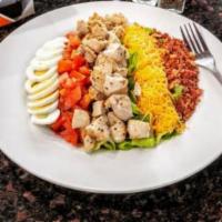 Cobb Salad · Lettuce, tomatoes, onions, swiss and American cheese, hard boiled egg, bacon, avocado and ch...