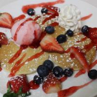 Berry Berry Pancake · Whipped cream, strawberry, blueberry and berry syrup.