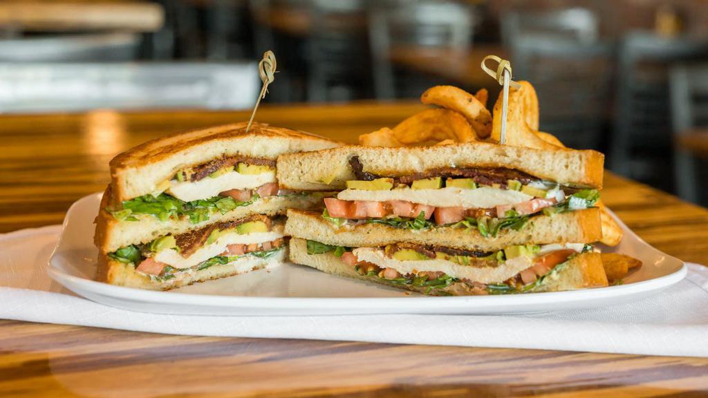 Chicken Avocado Club · Oven roasted chicken, fresh avocado, tomatoes, bacon, Provolone cheese and mayo on toasted sourdough bread. Served with tots or fries.