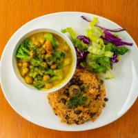 Jamaican Coconut Curry · Mild. Hearty with great flavor, with your choice of juicy chicken chunks or vegetables, with...