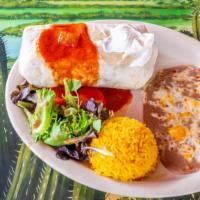 Burritos Shredded Beef Or Chicken Or Ground Beef · In red sauce topped with cheese two flour tortillas stuffed with beans topped with sour cream.