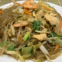 Pan Fried Chicken & Shrimp Noodle · Served with choice of noodles and vegetables.