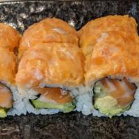 Zen · Salmon, avocado, cucumber, topped with spicy salmon.