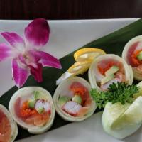 Sakura · Tuna, salmon, yellowtail avocado, kani, tobiko, wrapped with cucumber.