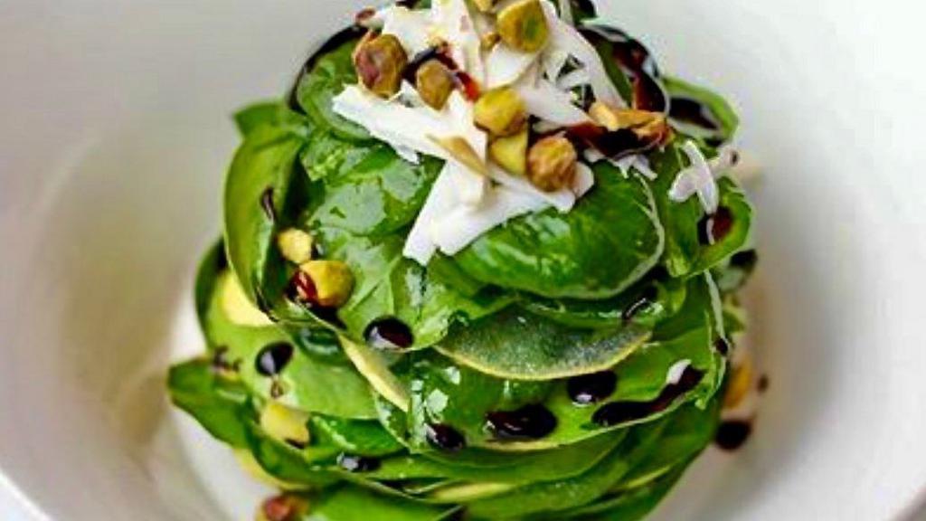 Spinacini · Baby spinach, Pear, Pistacchio, Seep Ricotta Salata, Balsamic.